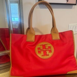 Tory Burch Red and Tan Logo Tote